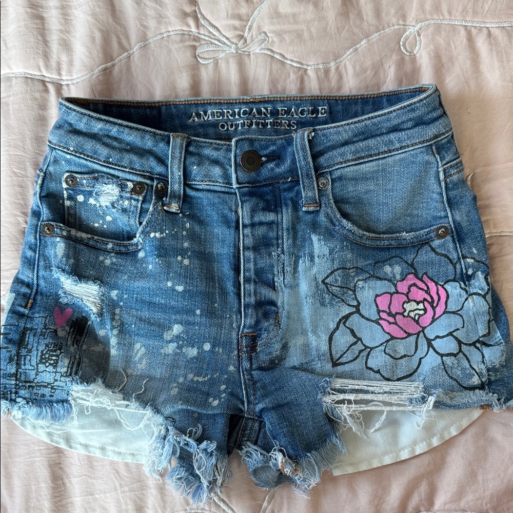 American Eagle Outfitters Blue Denim Floral Paint-Splatter Shortalls